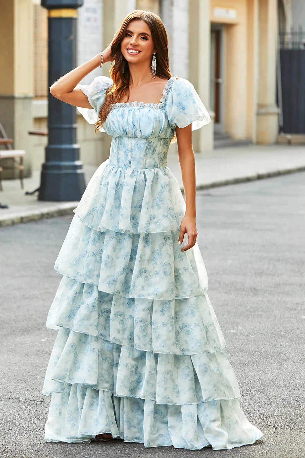 A Line Square Neck Light Blue Tiered Floral Long Prom Dress with Ruffles sold by Zapaka product image thumbnail 4