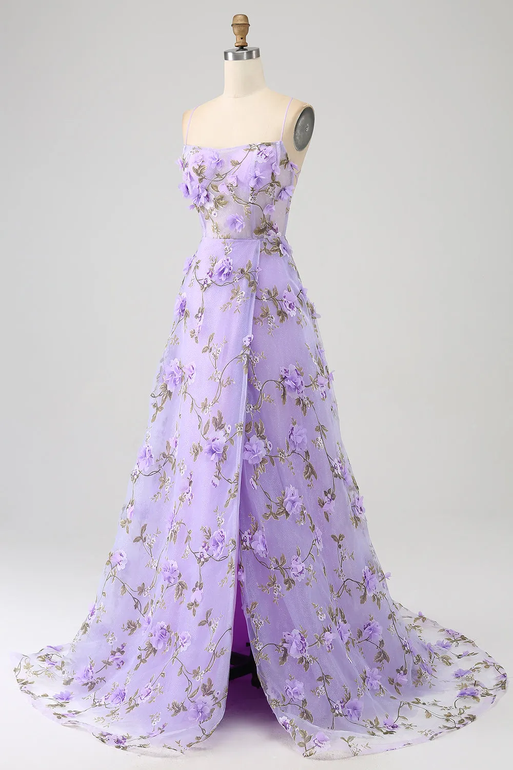 Lilac A-Line Spaghetti Straps Long Prom Dress with 3D Flowers sold by Zapaka product image thumbnail 3