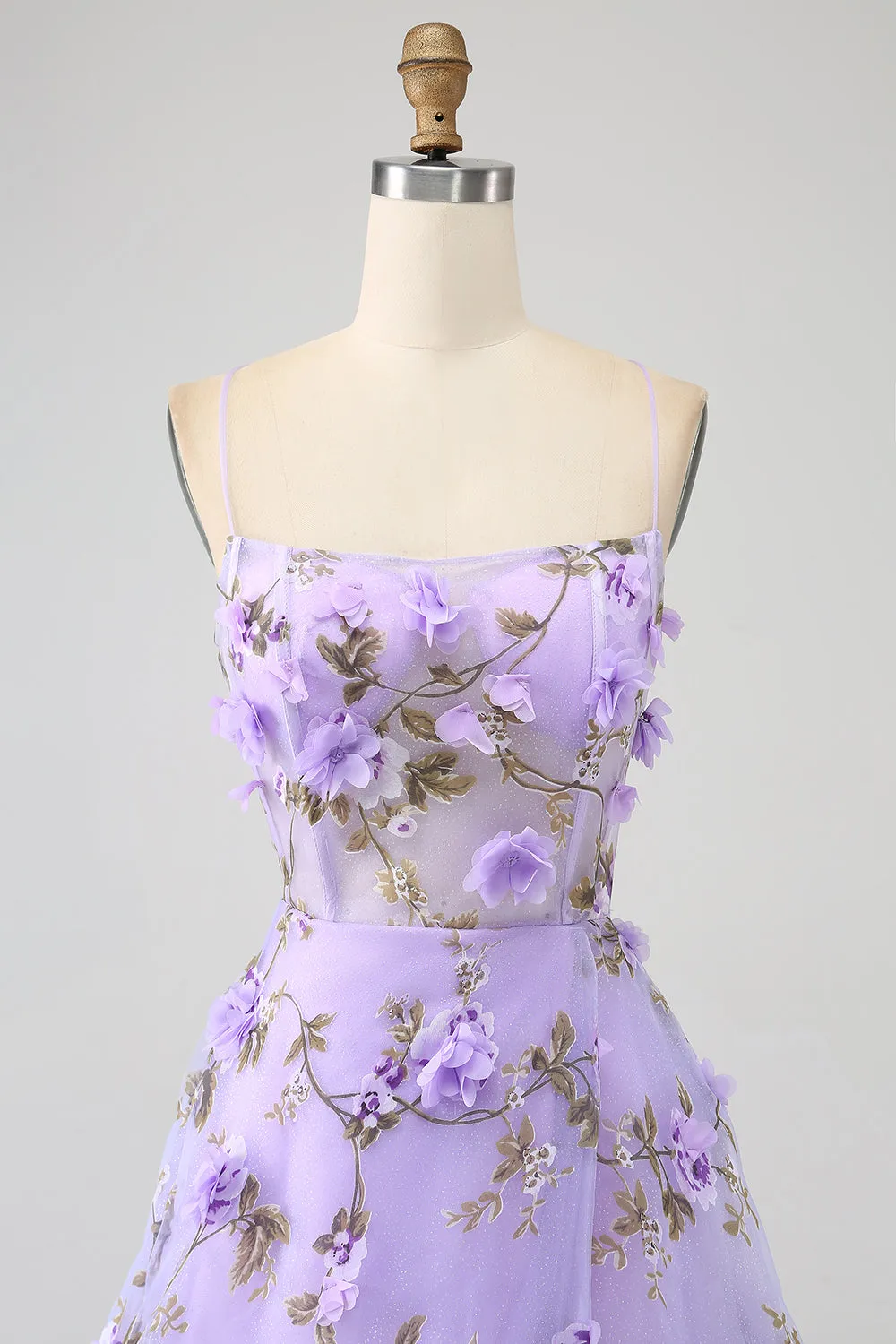 Lilac A-Line Spaghetti Straps Long Prom Dress with 3D Flowers sold by Zapaka product image thumbnail 4