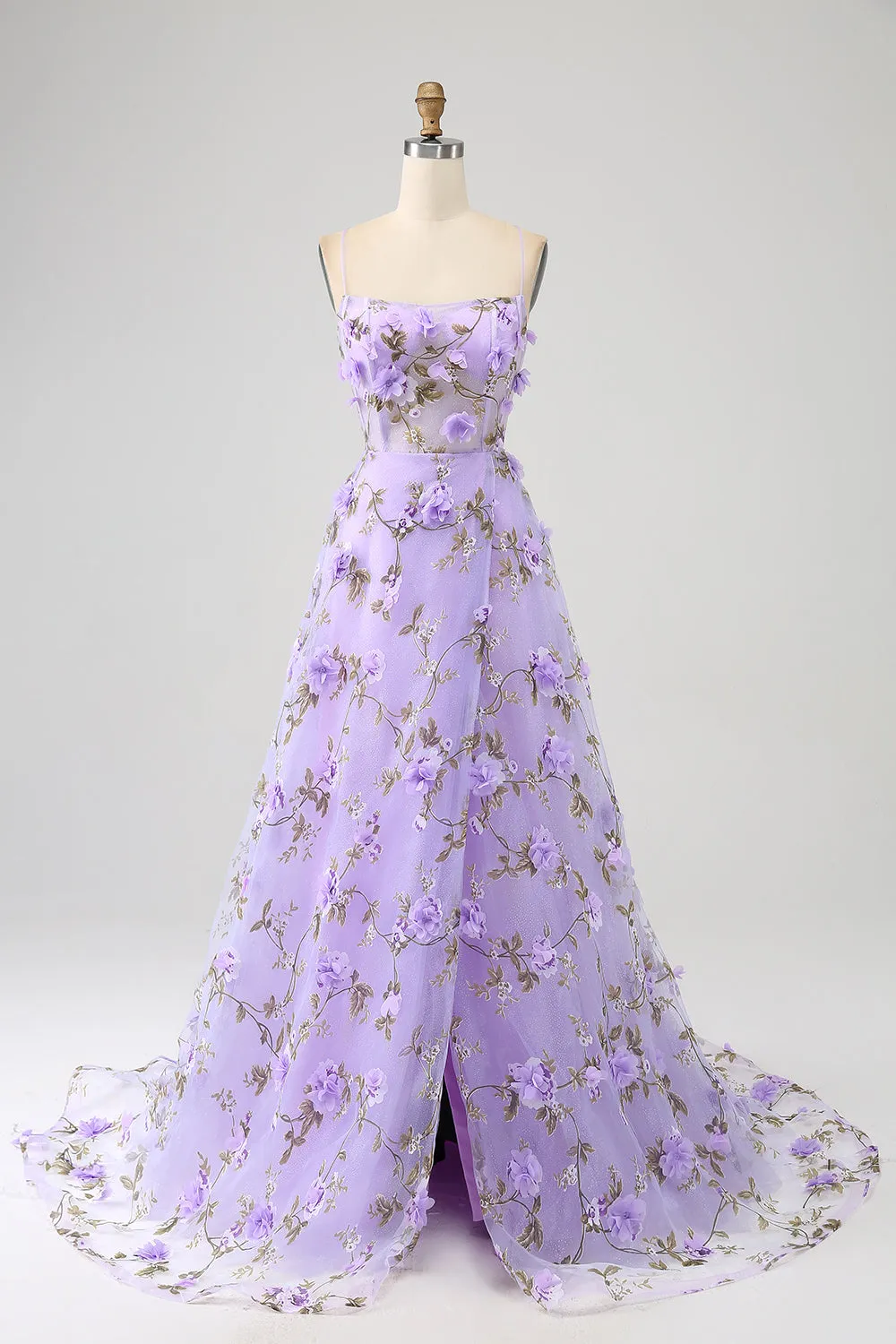 Lilac A-Line Spaghetti Straps Long Prom Dress with 3D Flowers sold by Zapaka