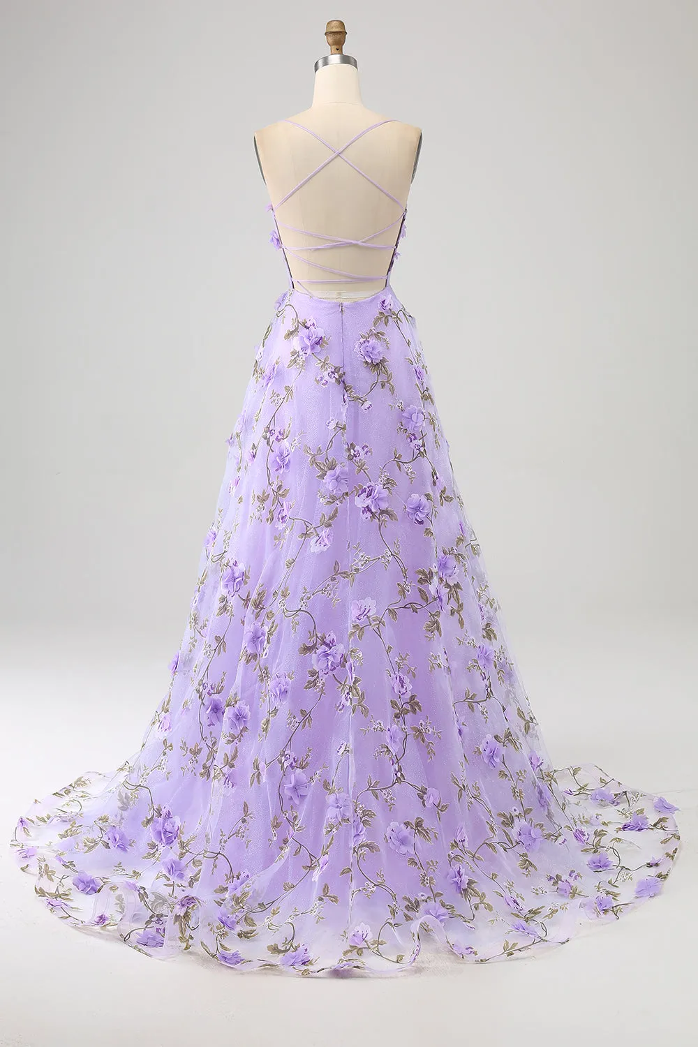 Lilac A-Line Spaghetti Straps Long Prom Dress with 3D Flowers sold by Zapaka product image thumbnail 2