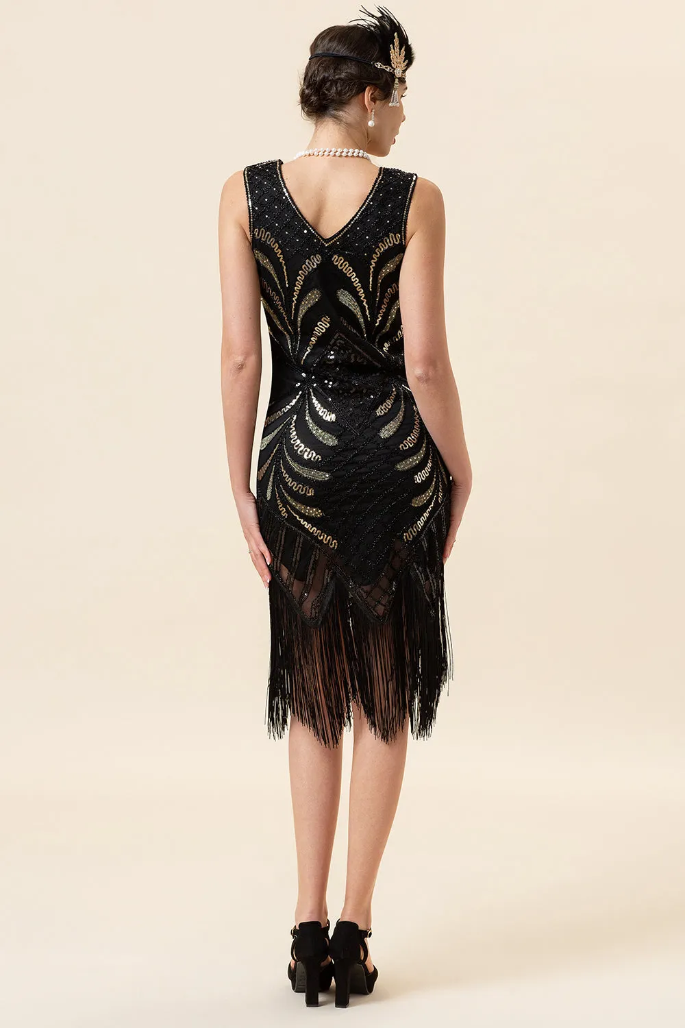 Black Sequins Fringes 1920s Flapper Dress with 20s Accessories Set sold by Zapaka product image thumbnail 3