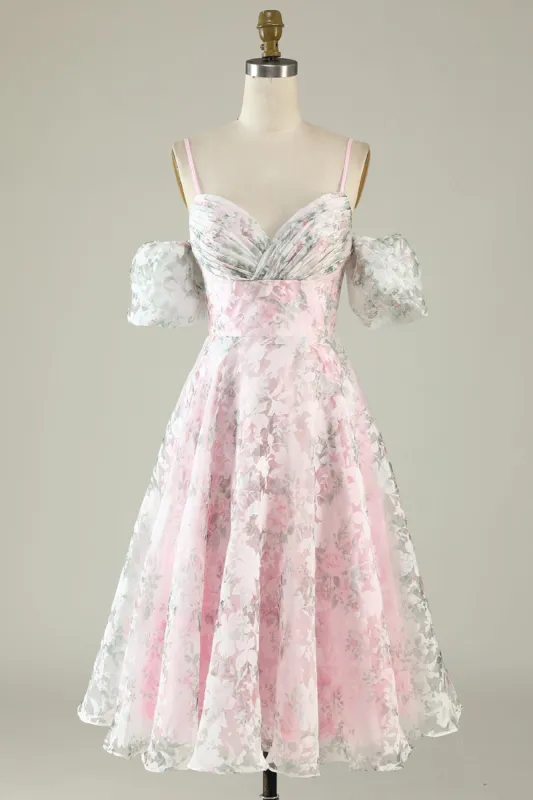 A-Line Cold Shoulder Flower Printed Pink Cocktail Dress made by Zapaka