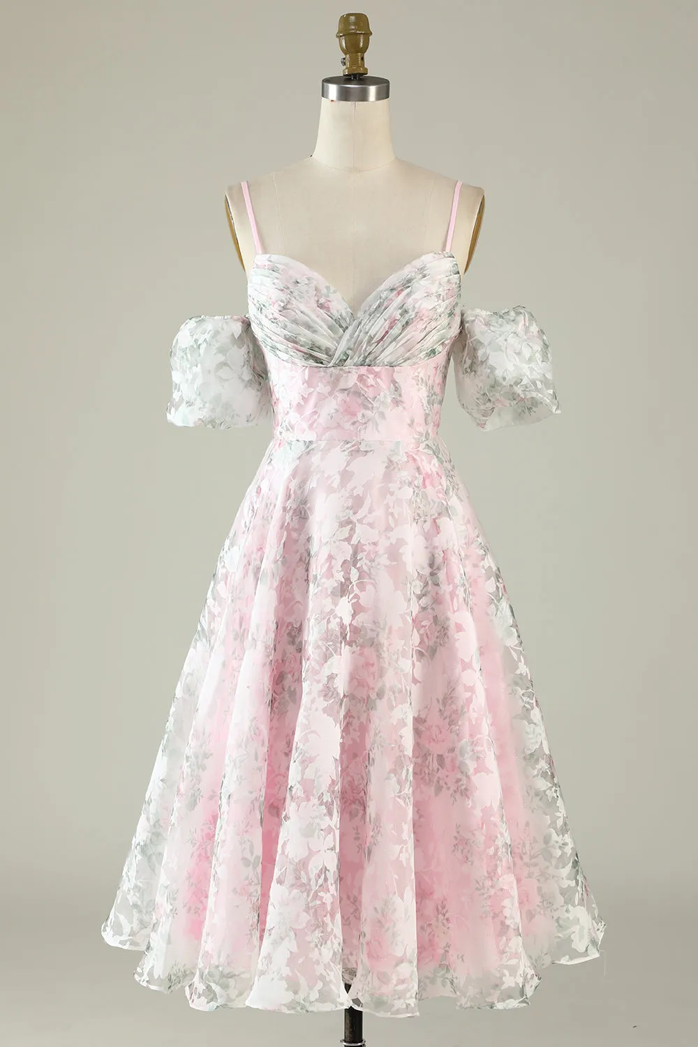 A-Line Cold Shoulder Flower Printed Pink Cocktail Dress sold by Zapaka