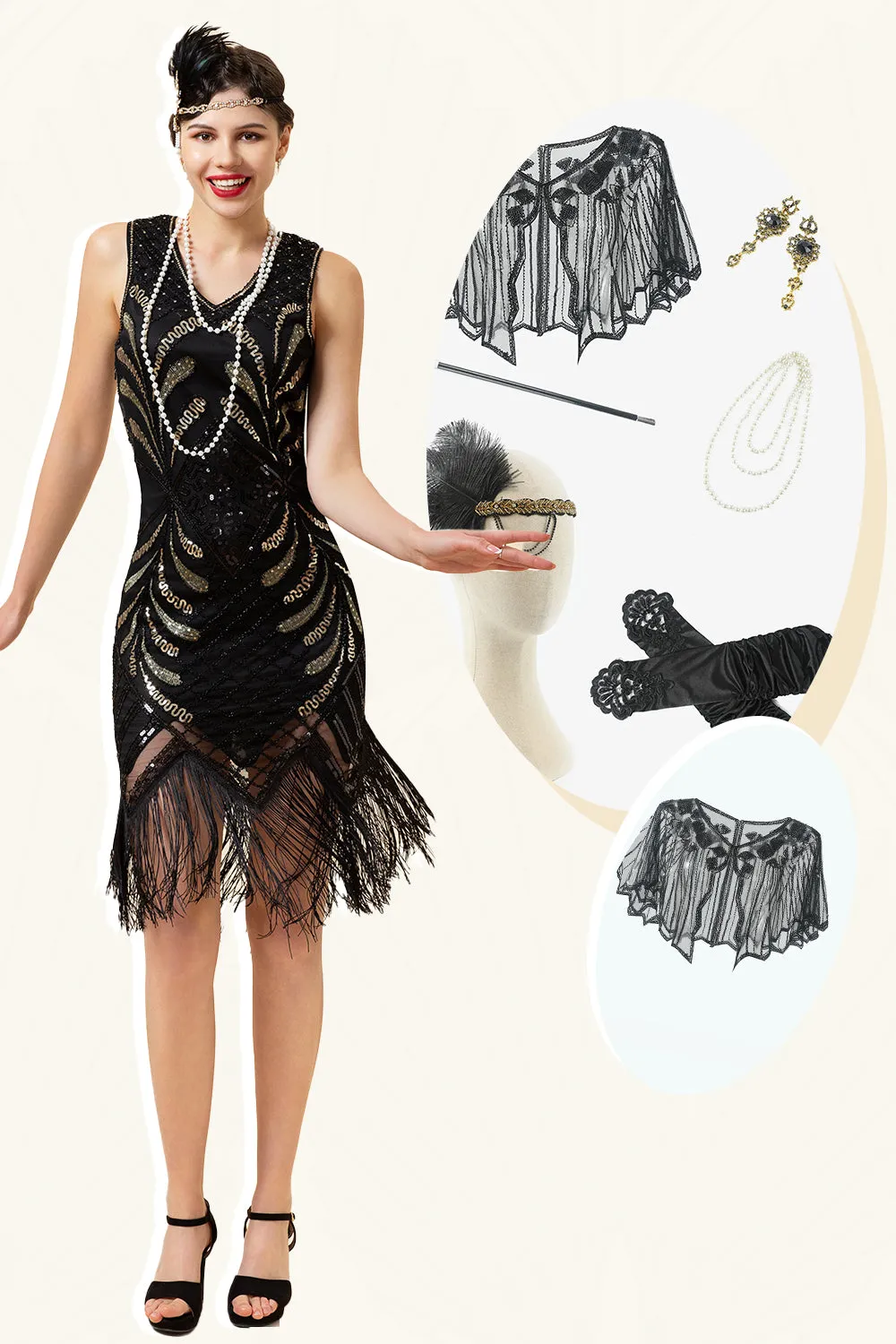 Black Sequins Fringes 1920s Flapper Dress with 20s Accessories Set sold by Zapaka