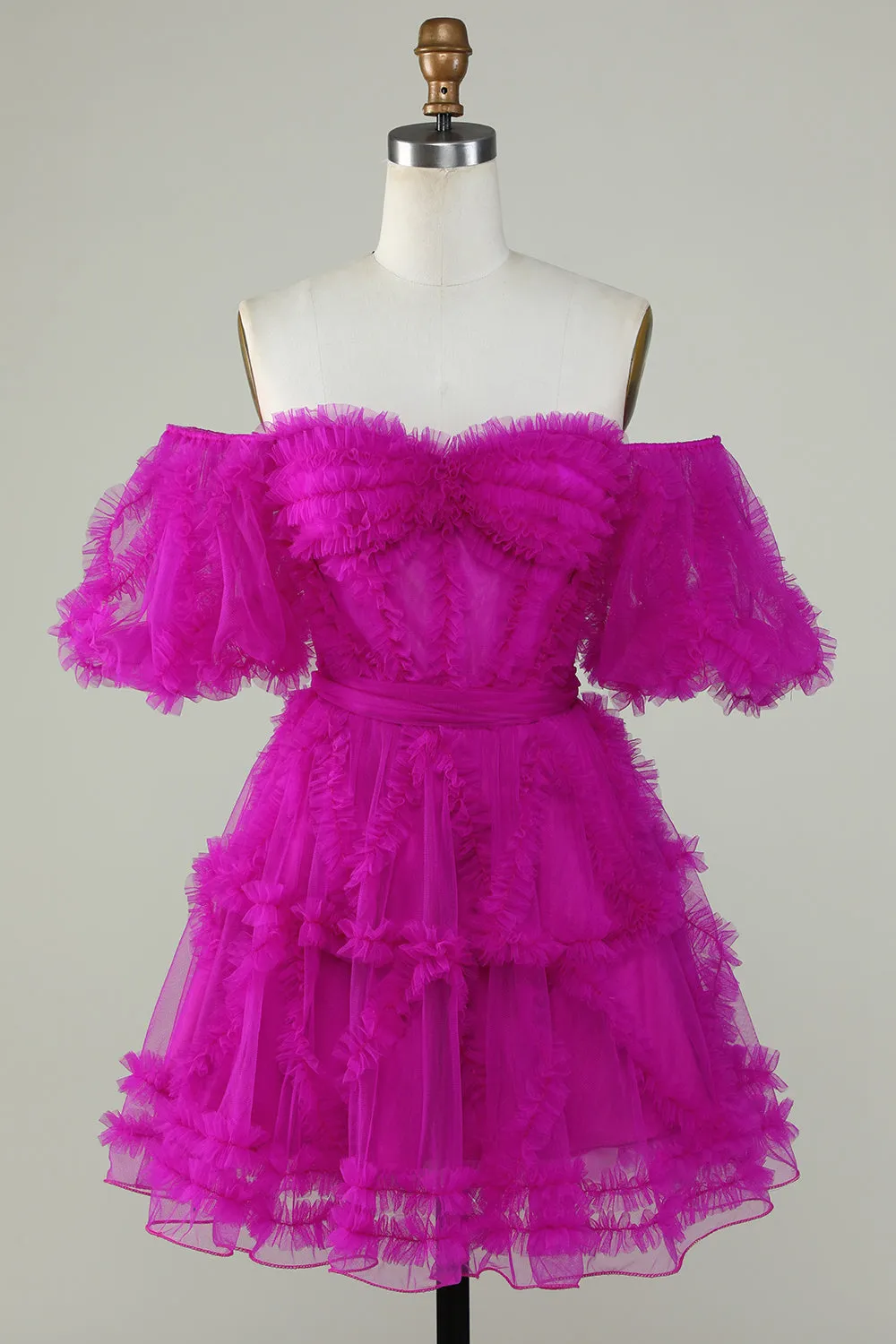 Stylish A Line Off the Shoulder Fuchsia Tulle Corset Homecoming Dress sold by Zapaka