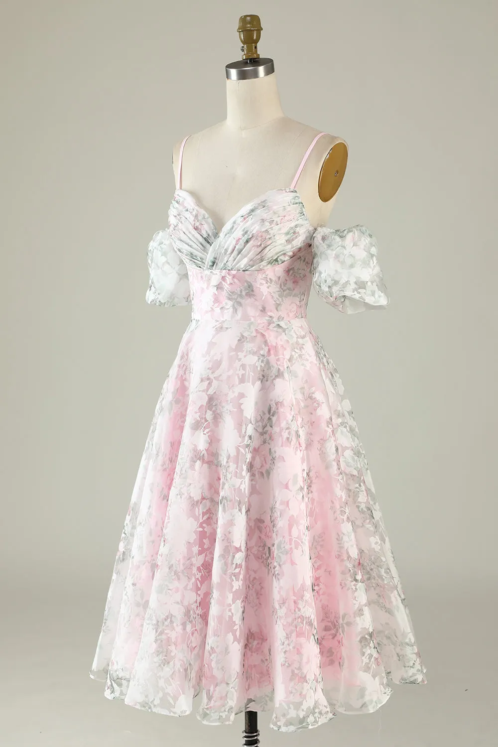 A-Line Cold Shoulder Flower Printed Pink Cocktail Dress sold by Zapaka product image thumbnail 5
