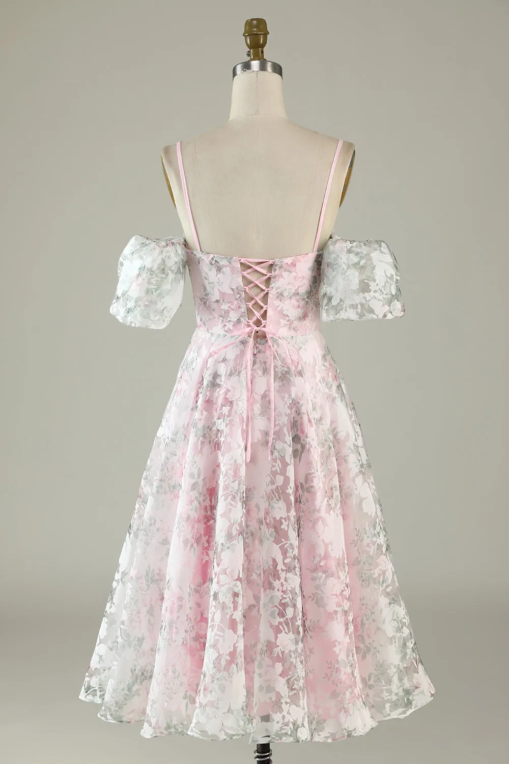 A-Line Cold Shoulder Flower Printed Pink Cocktail Dress sold by Zapaka product image thumbnail 2