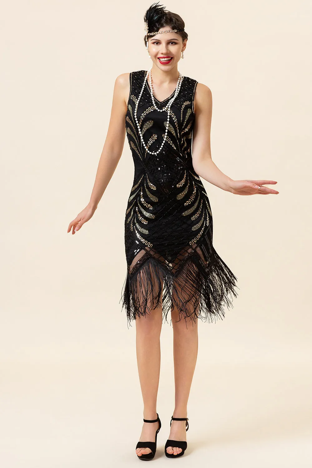 Black Sequins Fringes 1920s Flapper Dress with 20s Accessories Set sold by Zapaka product image thumbnail 2