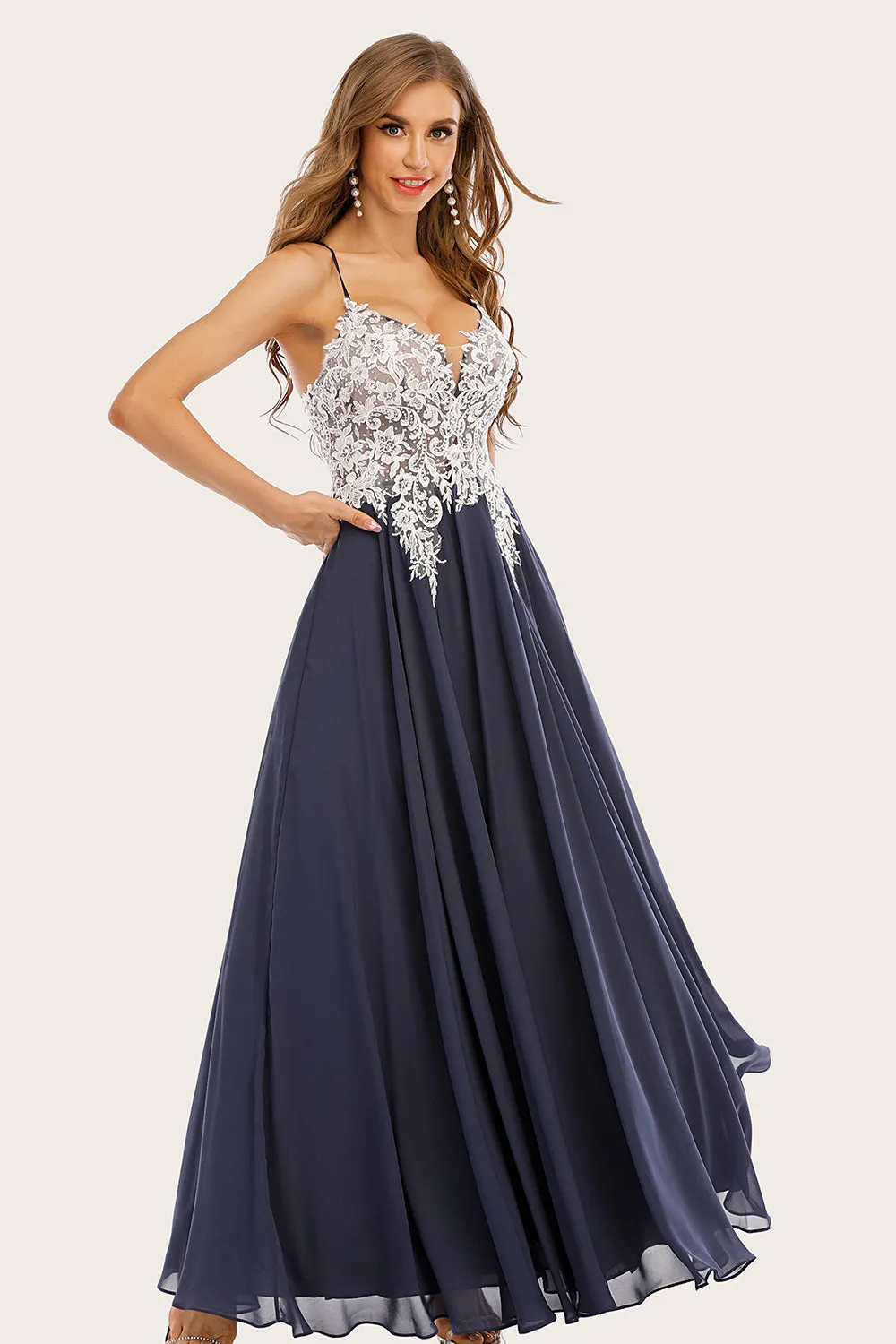 Dusty Blue Long Chiffon Prom Dress with Lace sold by Zapaka product image thumbnail 3