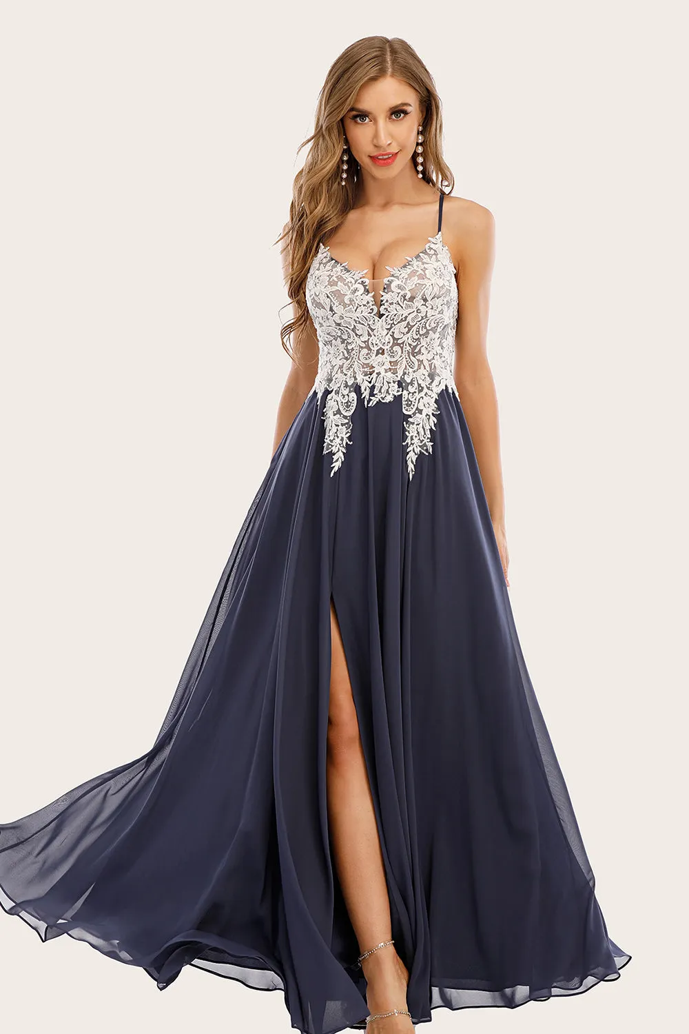 Dusty Blue Long Chiffon Prom Dress with Lace sold by Zapaka product image thumbnail 4