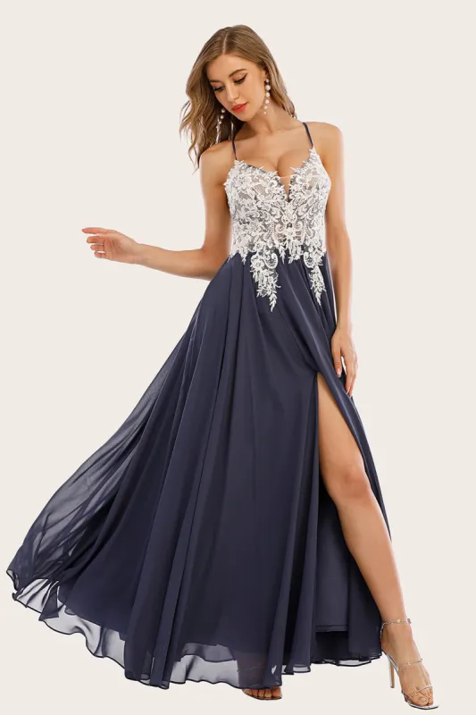 Dusty Blue Long Chiffon Prom Dress with Lace sold by Zapaka