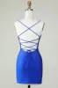 Sheath Spaghetti Straps Royal Blue Short Homecoming Dress with Beading sold by Zapaka