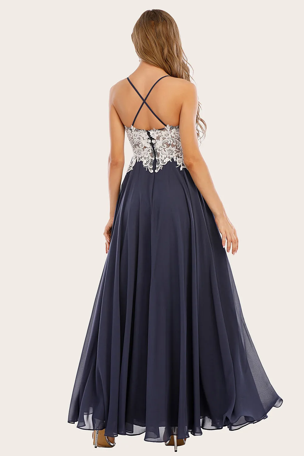 Dusty Blue Long Chiffon Prom Dress with Lace sold by Zapaka product image thumbnail 2