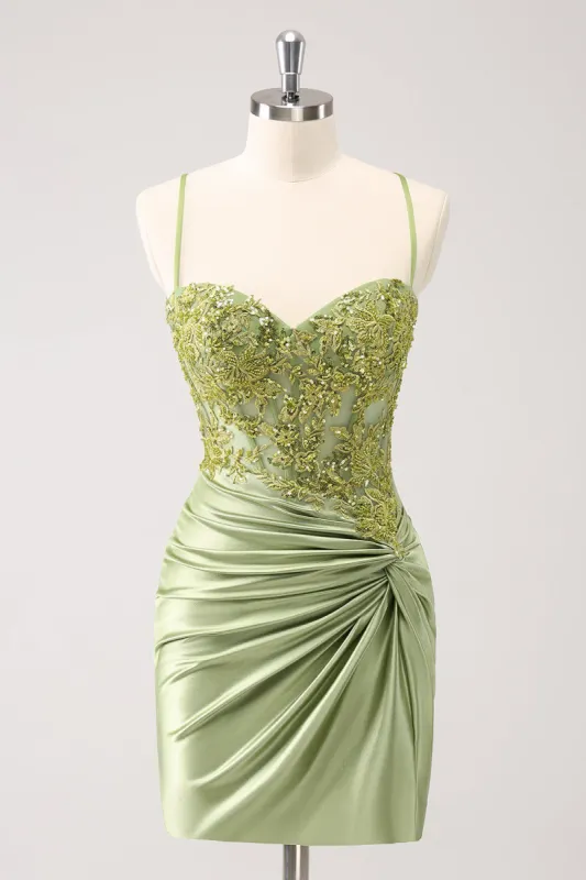 Sparkly Army Green Lace-Up Back Appliques Pleated Homecoming Dress sold by Zapaka