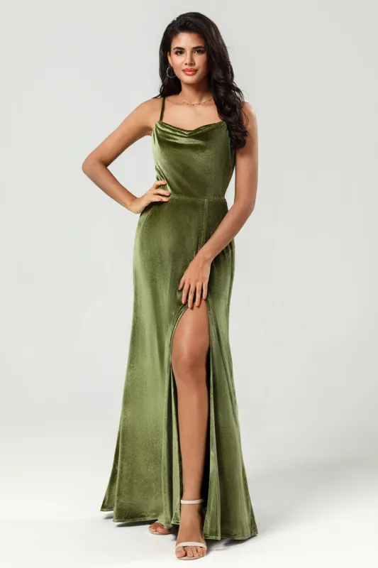 Velvet A Line Green Bridesmaid Dress with Slit sold by Zapaka