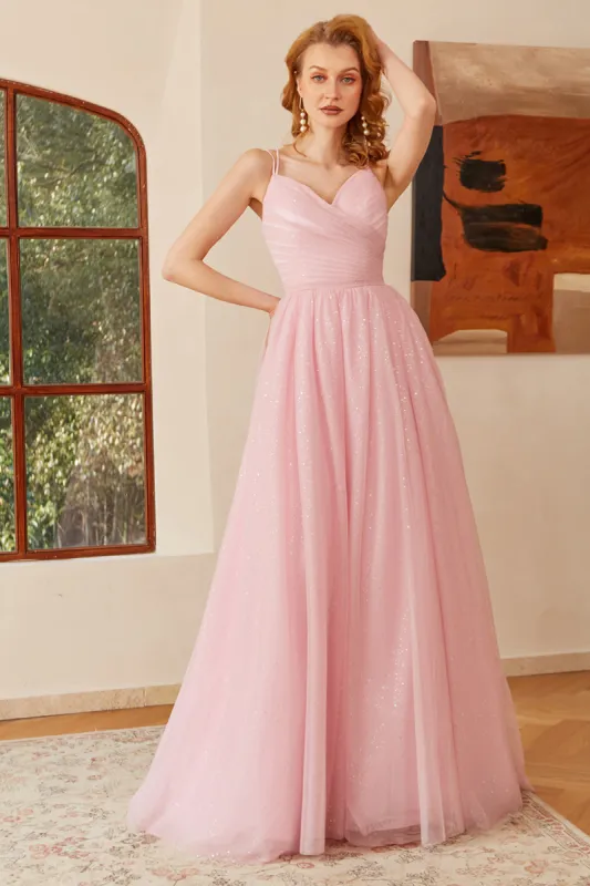 Glitter Pink Lace-Up Ruched Long Prom Dress sold by Zapaka