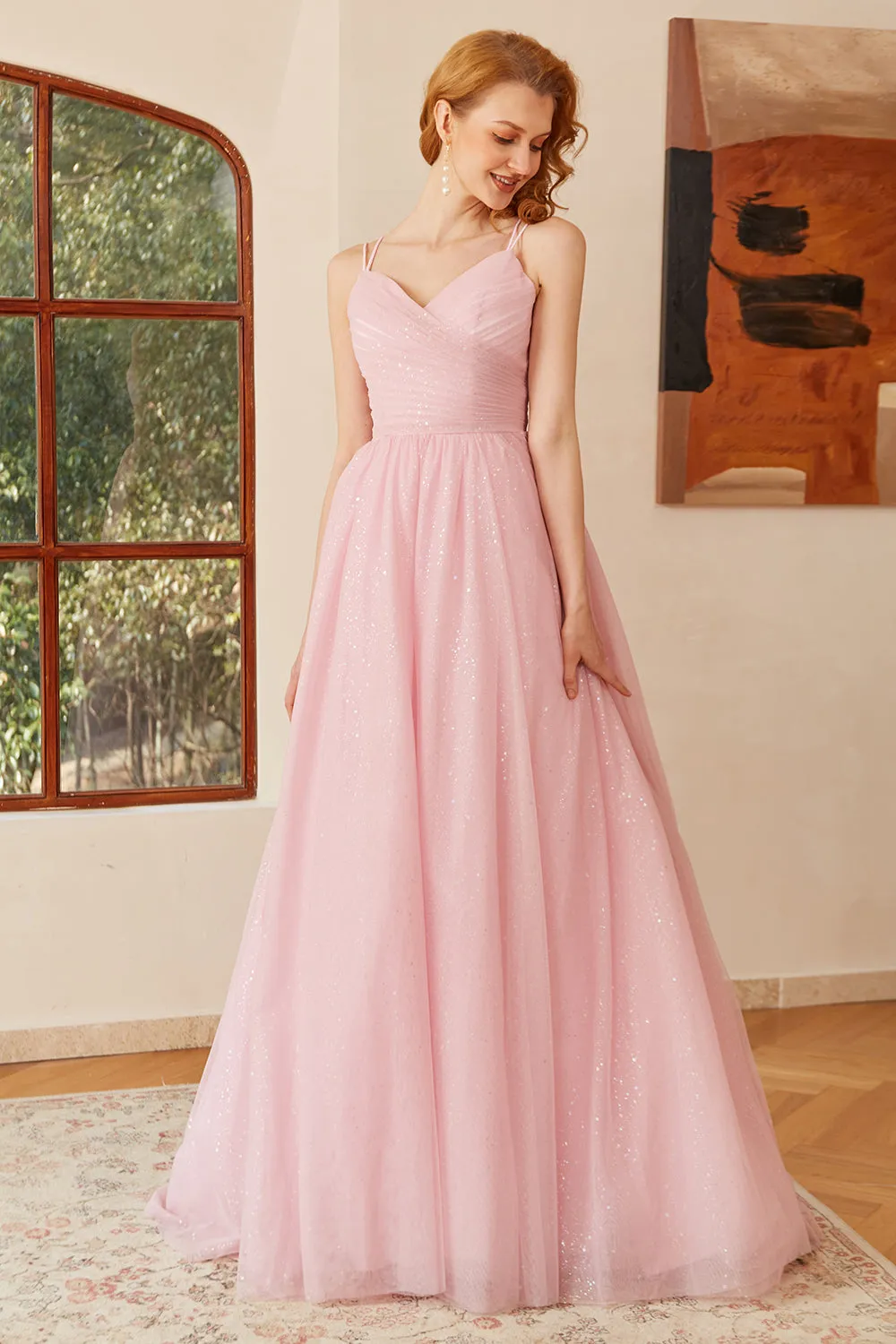 Glitter Pink Lace-Up Ruched Long Prom Dress sold by Zapaka product image thumbnail 5