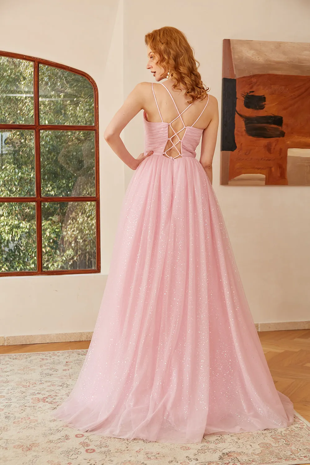 Glitter Pink Lace-Up Ruched Long Prom Dress sold by Zapaka product image thumbnail 2