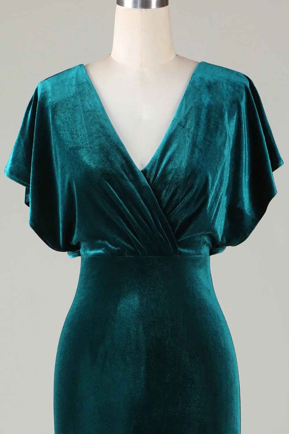 Velvet V-Neck Peacock Bridesmaid Dress with Ruffles sold by Zapaka product image thumbnail 4
