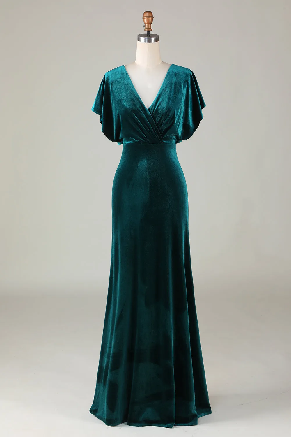Velvet V-Neck Peacock Bridesmaid Dress with Ruffles sold by Zapaka