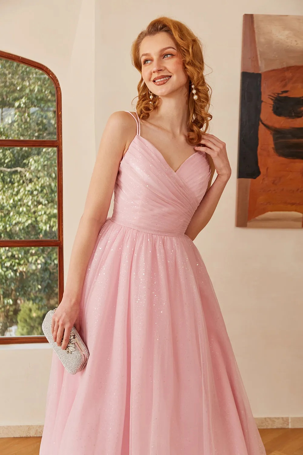Glitter Pink Lace-Up Ruched Long Prom Dress sold by Zapaka product image thumbnail 3