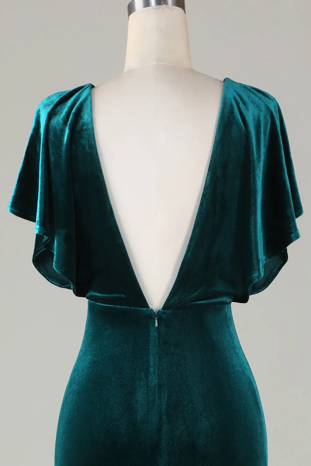 Velvet V-Neck Peacock Bridesmaid Dress with Ruffles sold by Zapaka product image thumbnail 5