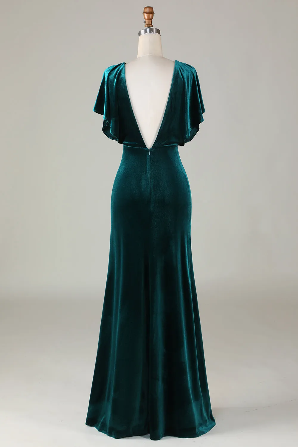Velvet V-Neck Peacock Bridesmaid Dress with Ruffles sold by Zapaka product image thumbnail 2