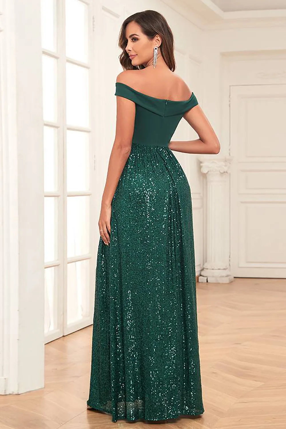 A-Line Off the Shoulder Dark Green Prom Dress With Sequins sold by Zapaka product image thumbnail 2