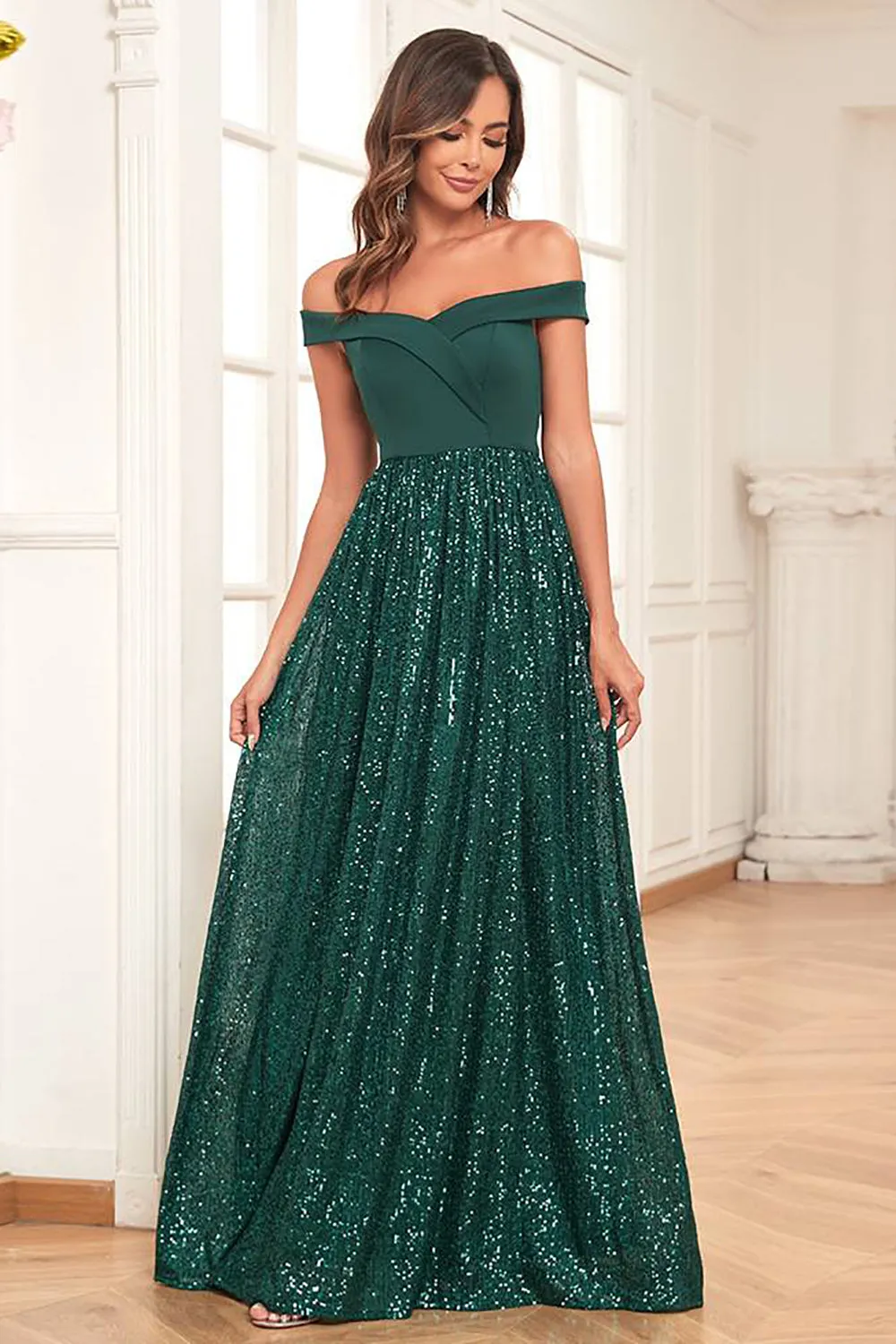 A-Line Off the Shoulder Dark Green Prom Dress With Sequins sold by Zapaka product image thumbnail 3