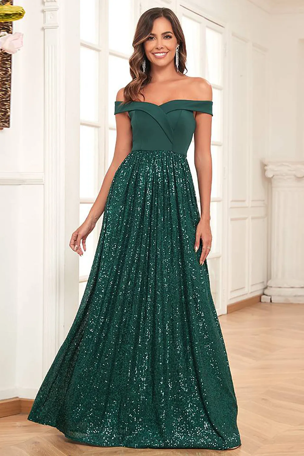 A-Line Off the Shoulder Dark Green Prom Dress With Sequins sold by Zapaka