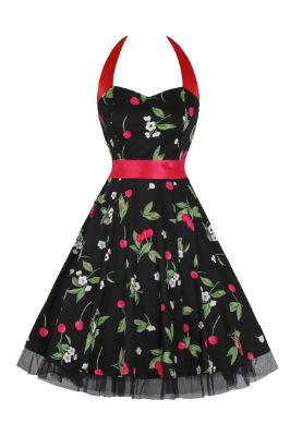Hepburn Style Halter Tulle Black Printed 1950s Dress sold by Zapaka