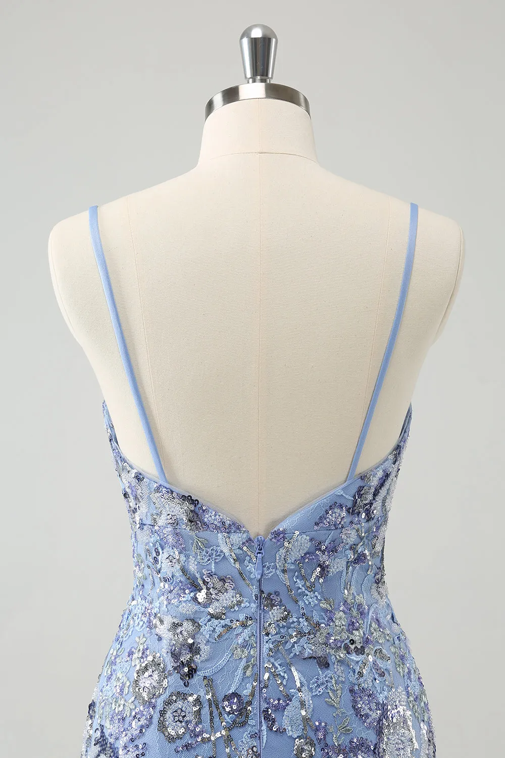 Grey Blue Spaghetti Straps Sequined Tight Homecoming Dress sold by Zapaka product image thumbnail 5