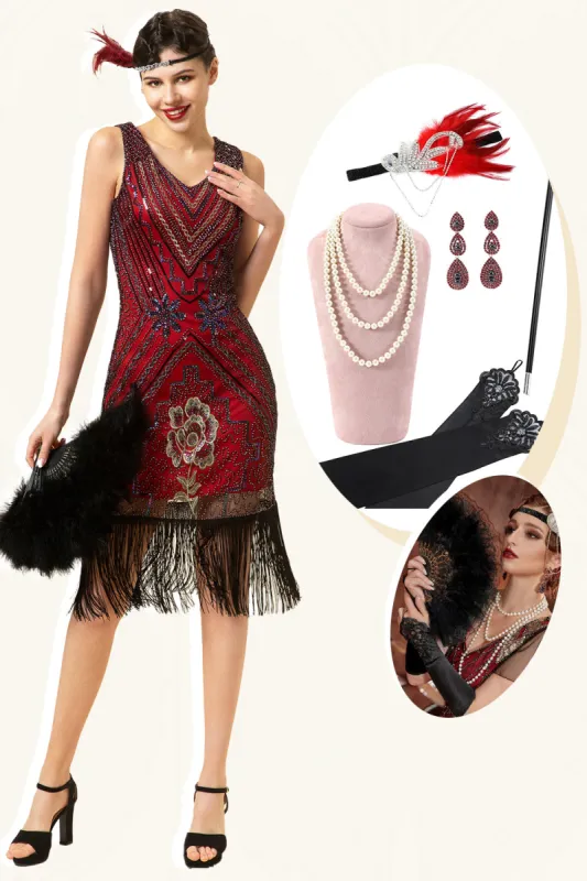 Burgundy Sequined Fringes 1920s Gatsby Flapper Dress with 20s Accessories Set sold by Zapaka