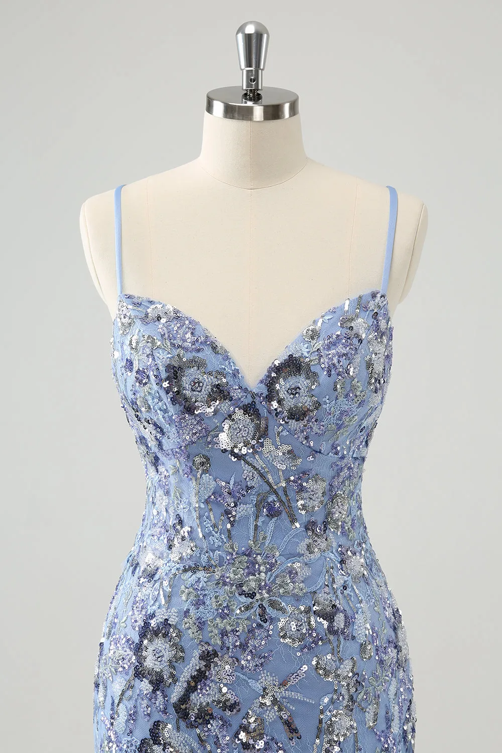 Grey Blue Spaghetti Straps Sequined Tight Homecoming Dress sold by Zapaka product image thumbnail 4