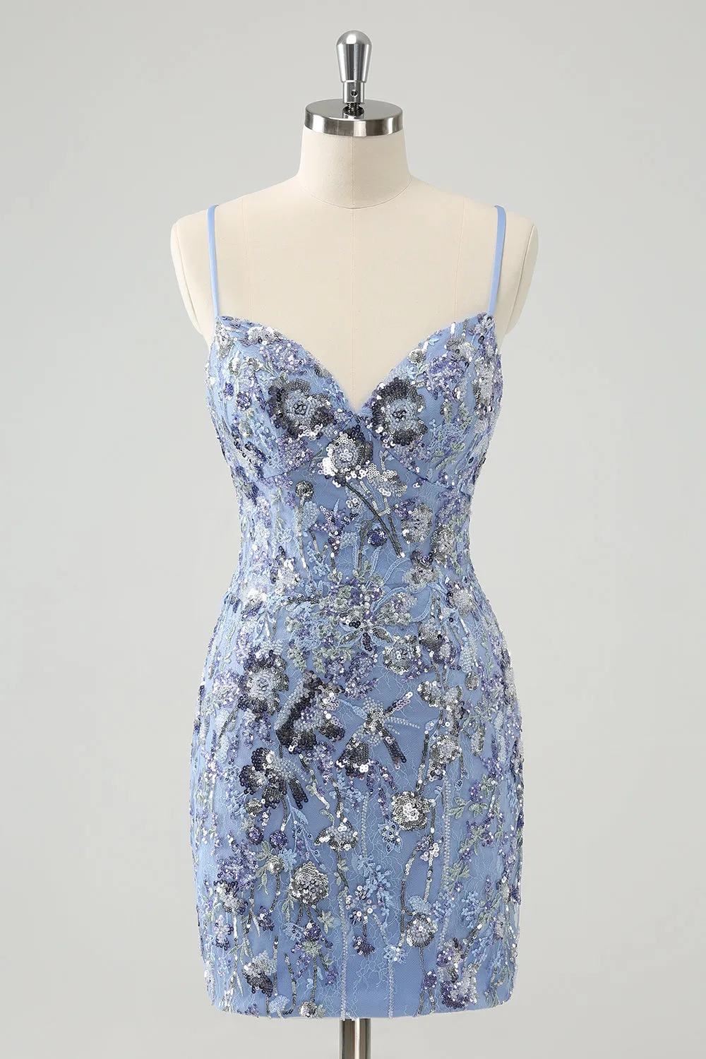 Grey Blue Spaghetti Straps Sequined Tight Homecoming Dress sold by Zapaka
