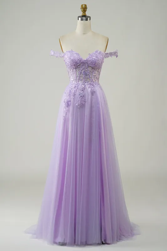 Purple Corset A-Line Long Tulle Prom Dress with Lace sold by Zapaka