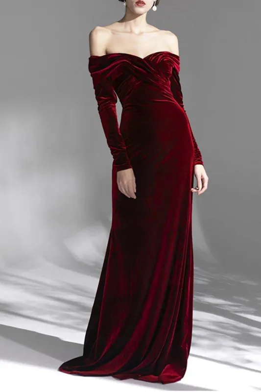 Burgundy Velvet Off the Shoulder Long Sleeves Floor Length Evening Dress sold by Zapaka
