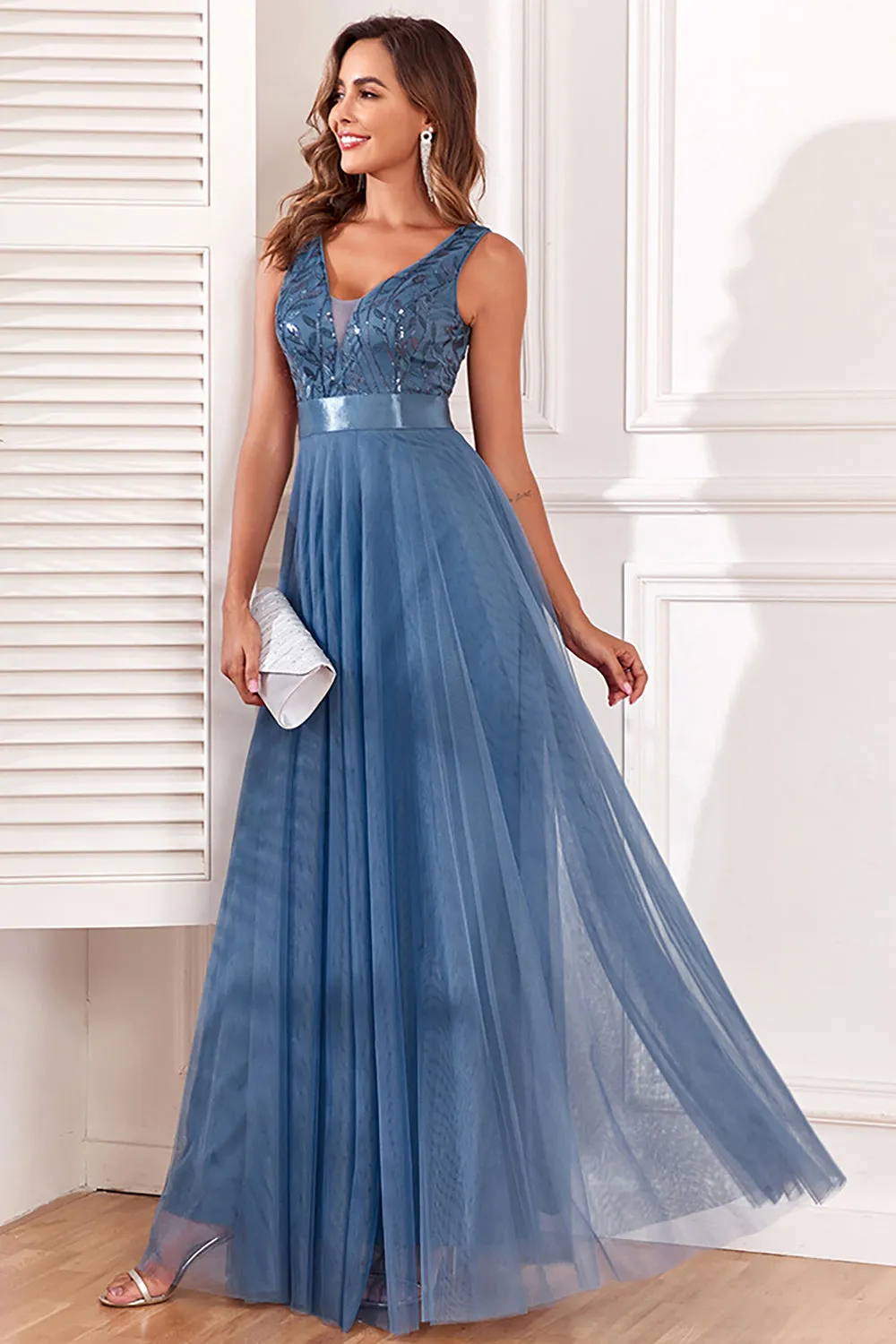 A-Line V-Neck Blue Prom Dress sold by Zapaka product image thumbnail 3
