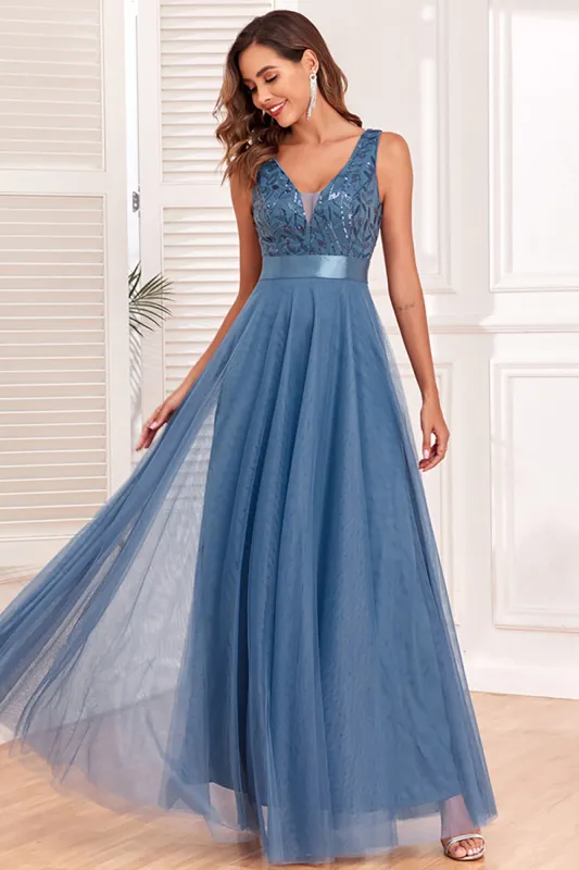 A-Line V-Neck Blue Prom Dress sold by Zapaka