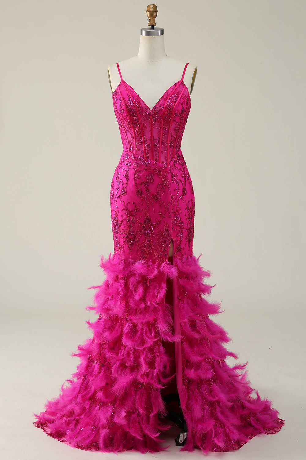 Fuchsia Spaghetti Straps Mermaid Prom Dress With Feathers sold by Zapaka