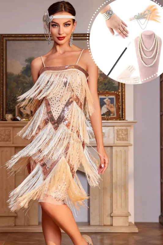 Sparkly Champagne Spaghetti Straps Sequins Fringed 1920s Dress with Accessories Set sold by Zapaka