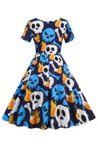 Skull Printed Blue Halloween Retro Dress sold by Zapaka