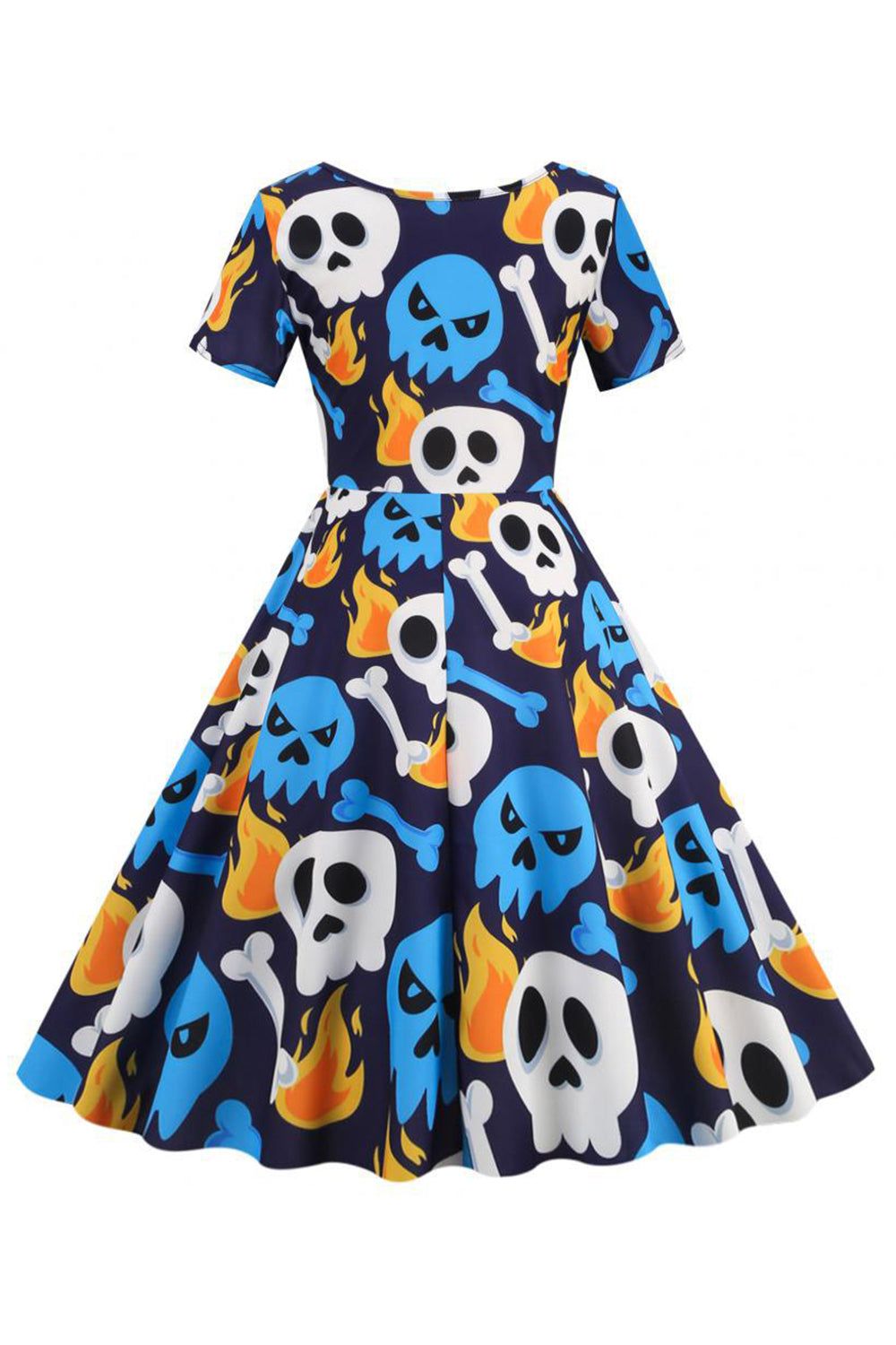 Skull Printed Blue Halloween Retro Dress sold by Zapaka product image thumbnail 2