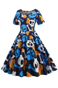 Skull Printed Blue Halloween Retro Dress sold by Zapaka
