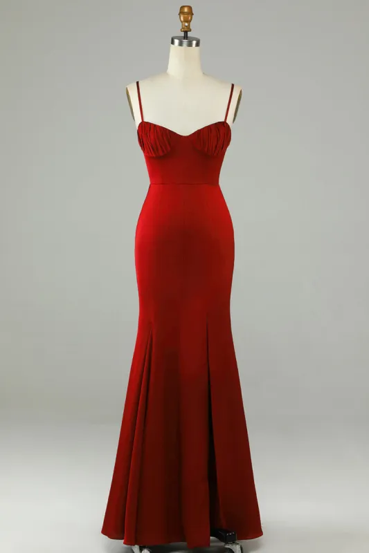 Mermaid Spaghetti Straps Burgundy Long Bridesmaid Dress with Slit sold by Zapaka