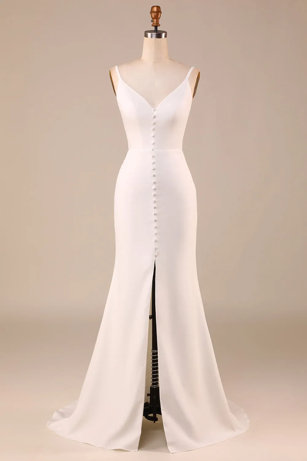 Simple Ivory Mermaid Backless Long Wedding Dress with Slit sold by Zapaka