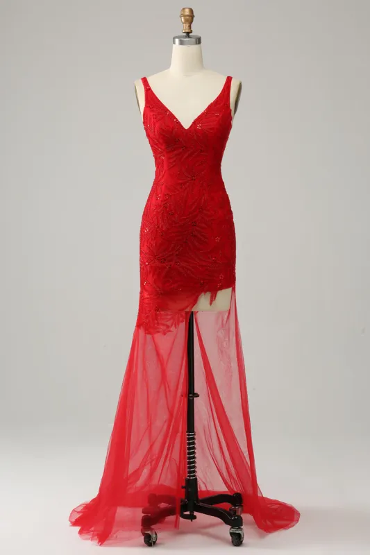 Mermaid V Neck Red Long Prom Dress with Embroidery sold by Zapaka