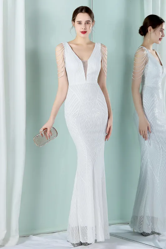 White Deep V Neck Mermaid Evening Dress sold by Zapaka