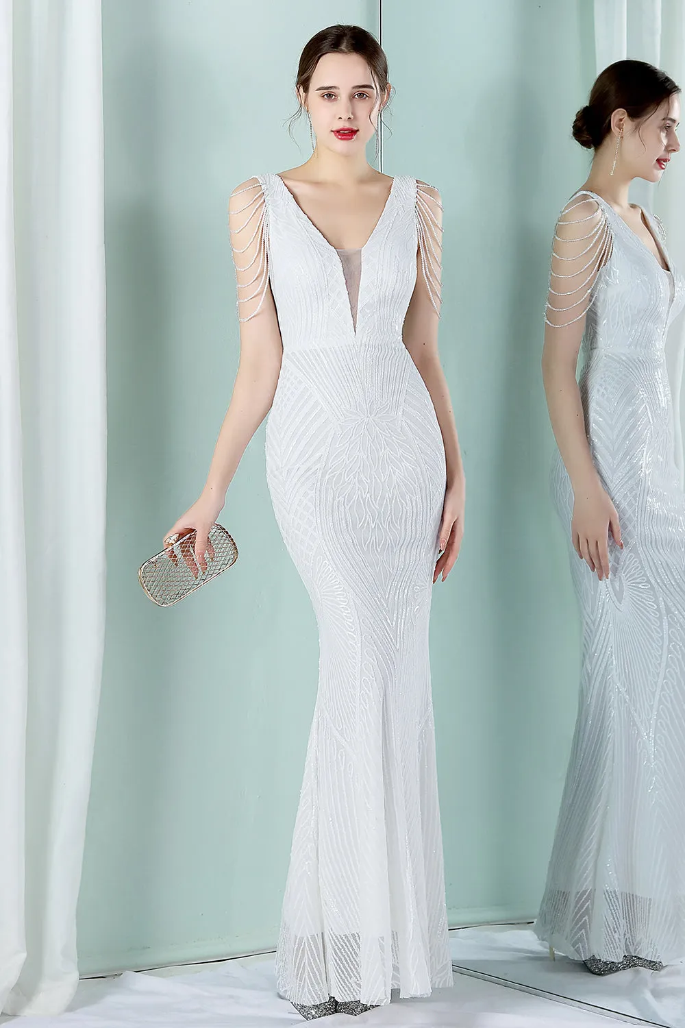 White Deep V Neck Mermaid Evening Dress sold by Zapaka